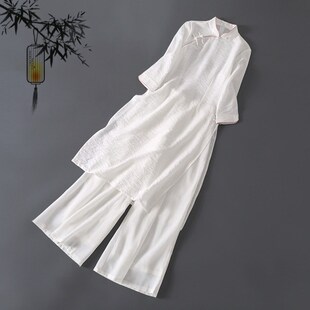 唐装 中式 旗袍采耳茶艺师工作服 秋款 白色茶服女仙气素雅连衣裙套装