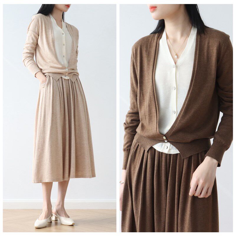 穿出气质/假两件针织衫开衫羊毛混纺+半身裙中长裙春款两件套装新