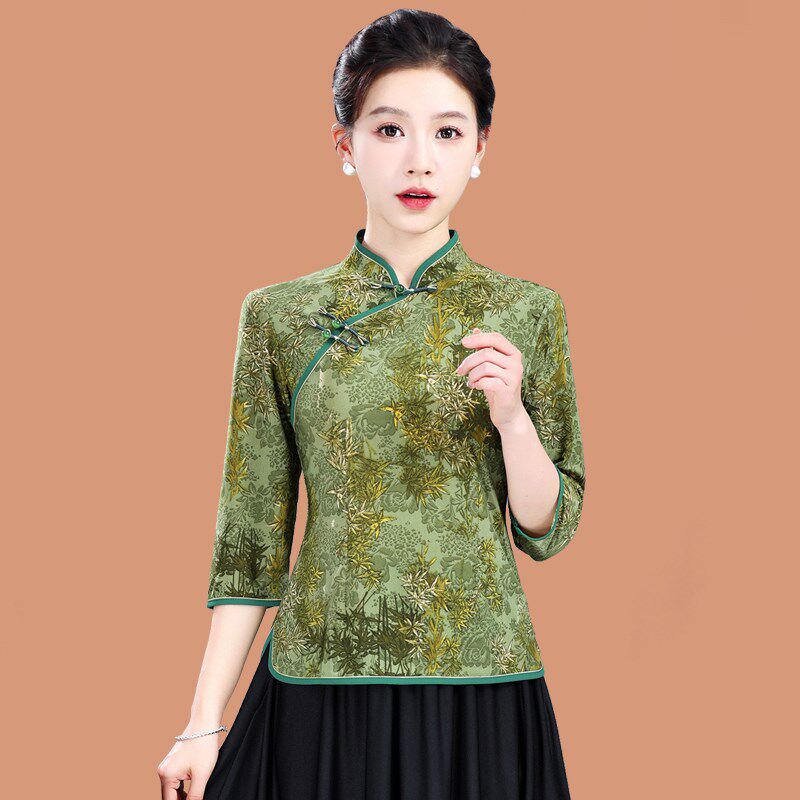 中年妈妈春夏季七分袖旗袍上衣时尚洋气薄款中式中老年女中袖唐装