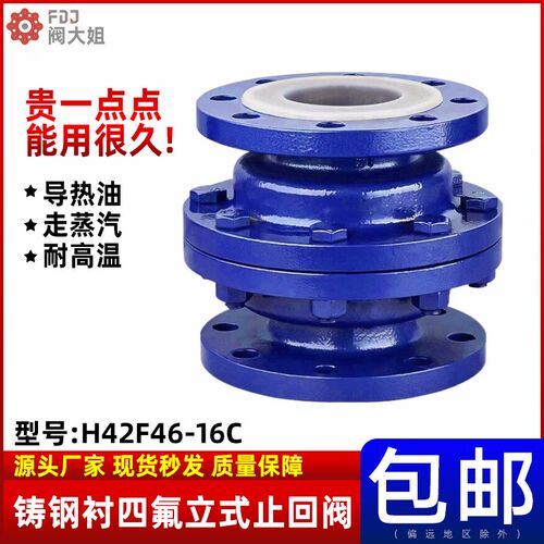 铸钢衬四氟立式止回阀H42F46-16C耐酸碱衬氟逆止单向阀门DN50 100