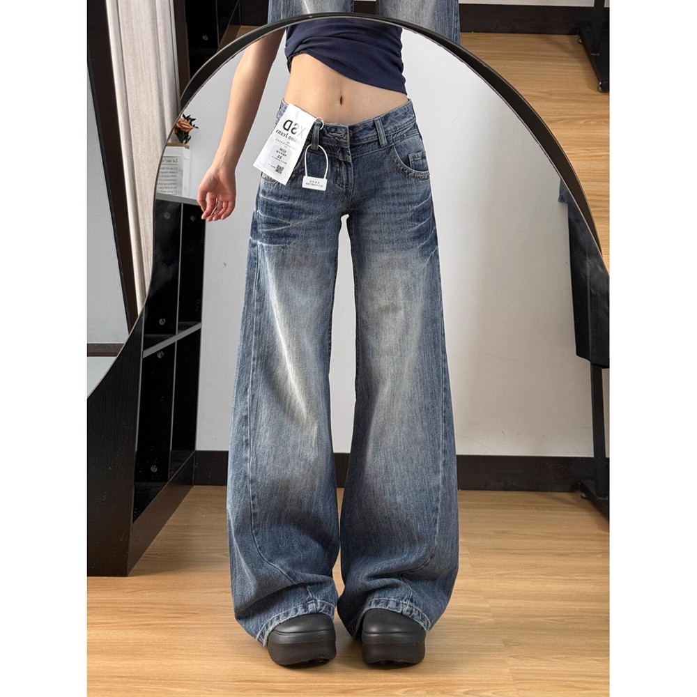 复古折痕磨白牛仔裤女秋冬加绒大码胖mm低腰宽松显瘦辣妹拖地裤子