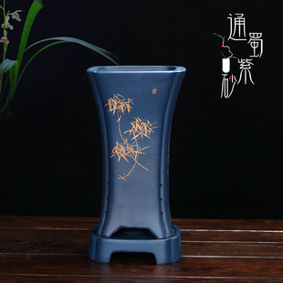 紫砂兰花专用盆高款带底座四方盆束腰刻绘兰草陶瓷盆景盆春兰花盆