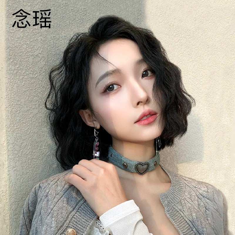 假发女全头套慵懒羊毛卷短发真发全真人发无痕蕾丝中分刘海短卷发