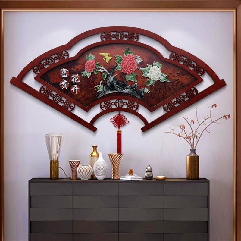 客厅沙发背景墙j挂画中式立体玉雕扇形装饰画电视玄关餐厅墙面挂