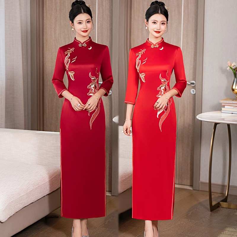 2024新款高端婚宴妈妈装旗袍喜婆婆婚礼服高贵年轻款气质长袖礼服