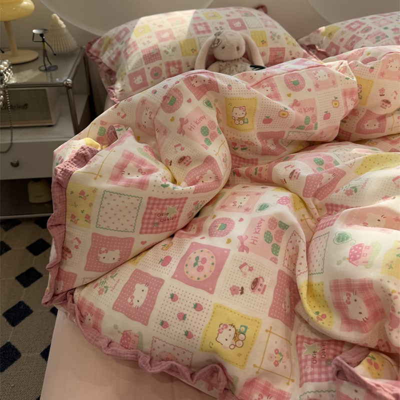 A类田园少女心皱皱花边双层纱粉色泡芙小猫纯棉四件套1.5m1.8米三