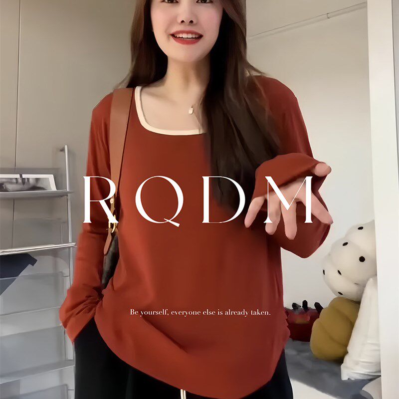 大码方领拼色长袖正肩T恤女春秋打底针织衫胖mm宽松遮肚显瘦上衣