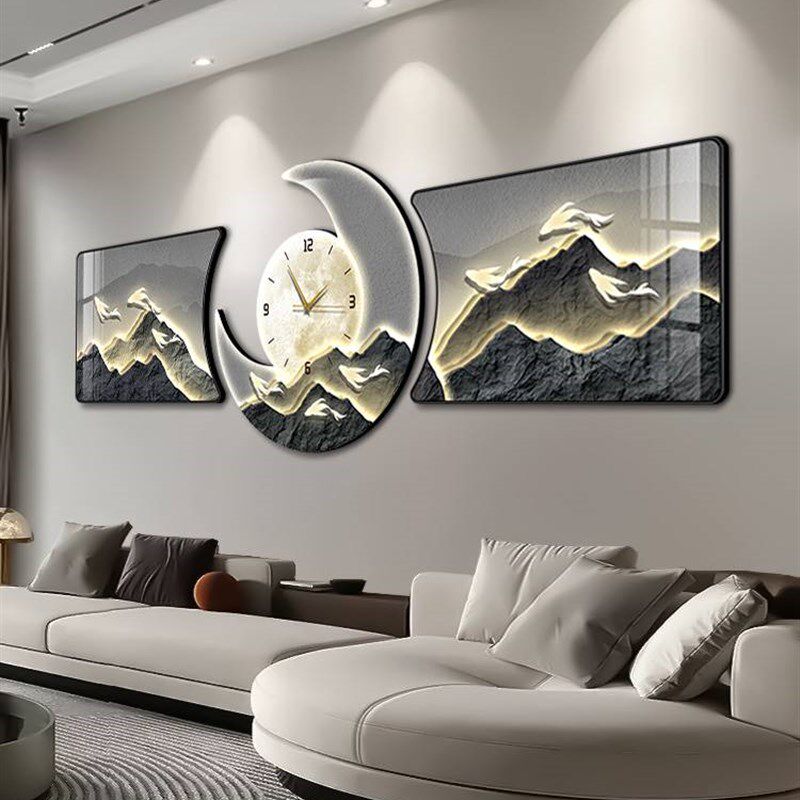 客厅三联画轻奢大气九鱼图沙发背景墙装饰画静音钟表挂钟高档挂画