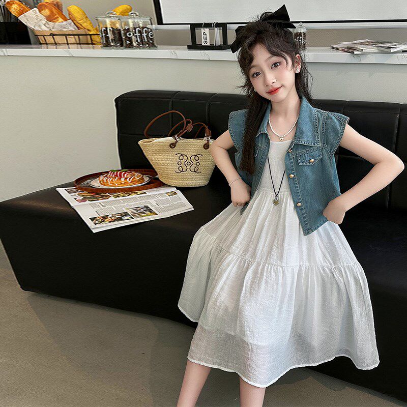 女大童夏装连衣裙2025新款短款牛仔外套女孩吊带裙子初中生两套装