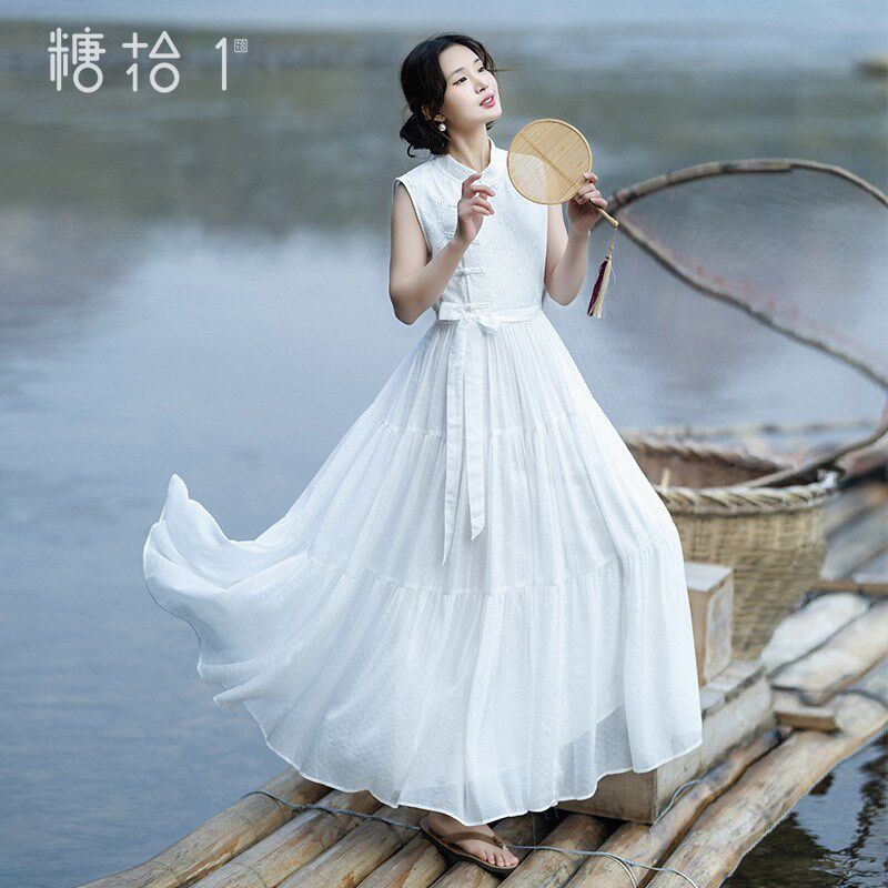 【白鹭飞】复古立领雪纺连衣裙女2025春季无袖白裙针织镂空拼接裙