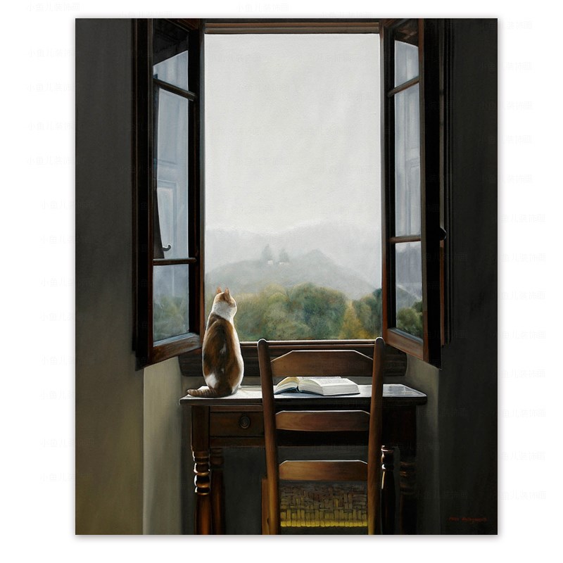 窗前的猫风景装饰画超现实主义客厅玄关挂墙画民宿小众无框画油画