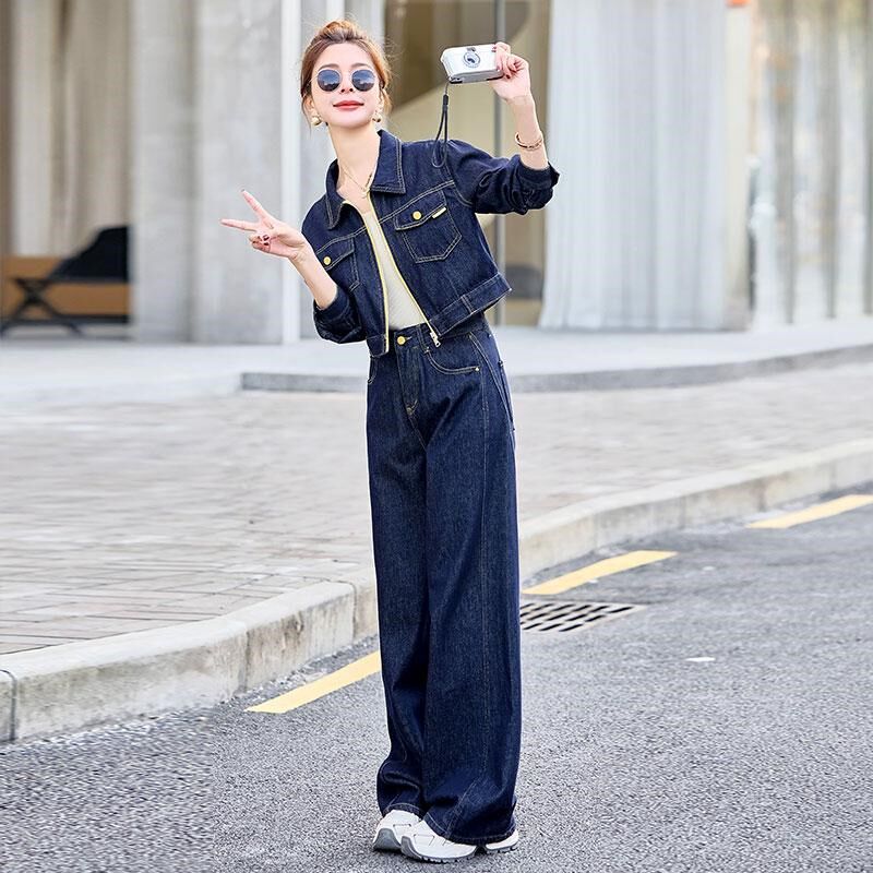 2025新款开春穿搭牛仔套装女装春秋阔腿裤两件套时尚超火气质爆款