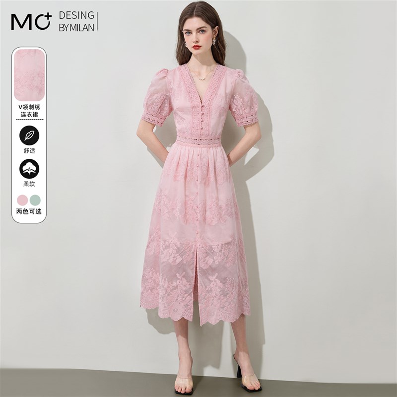 2025夏季新款减龄时尚气质V领短袖蕾丝镂空刺绣收腰显瘦连衣裙