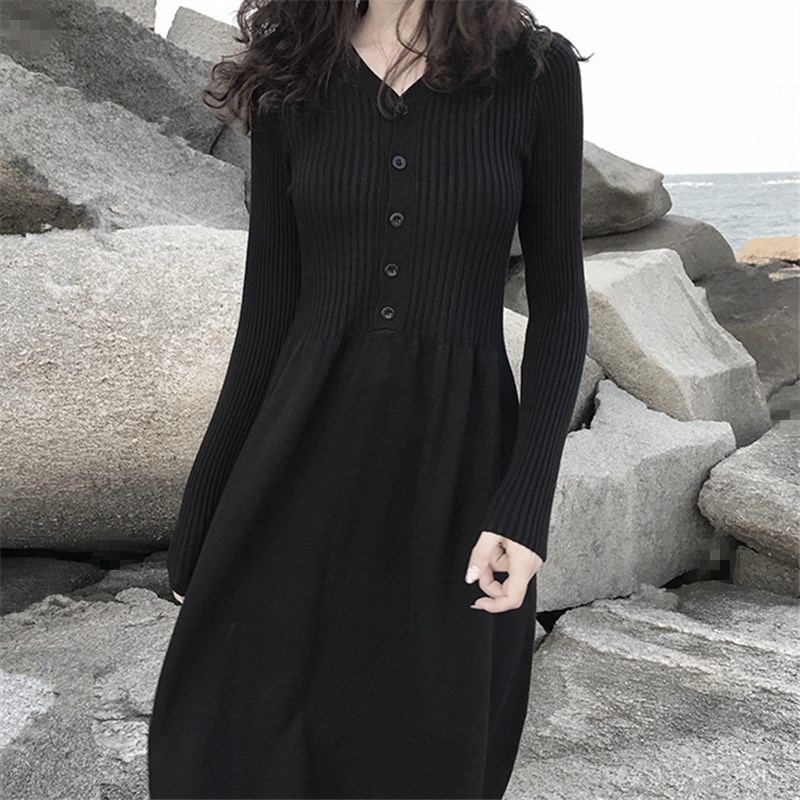 黑色针织连衣裙女2025春秋新款女装V领长款过膝打底毛衣裙打底裙