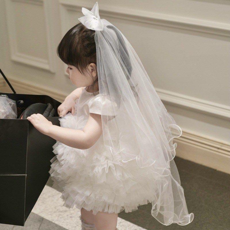 白色女童周岁生日抓周服小花童婚纱礼服女公主裙短袖礼服蓬蓬裙