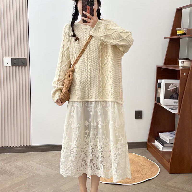 秋冬新款女装日系小清新针织拼接刺绣蕾丝毛线长裙宽松连衣裙