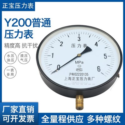 上海正宝Y200 Y250锅炉蒸汽普通压力表水压表0.6Mpa 1.6Mpa 接头