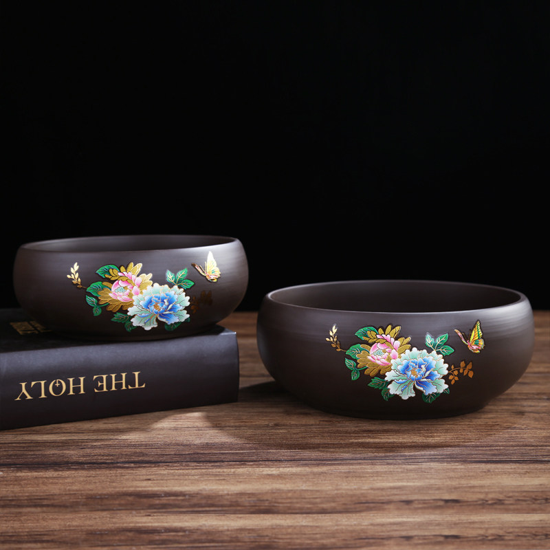 紫砂铜钱草花盆大号专用桌面陶瓷水培水养睡莲碗莲荷特价清仓无孔