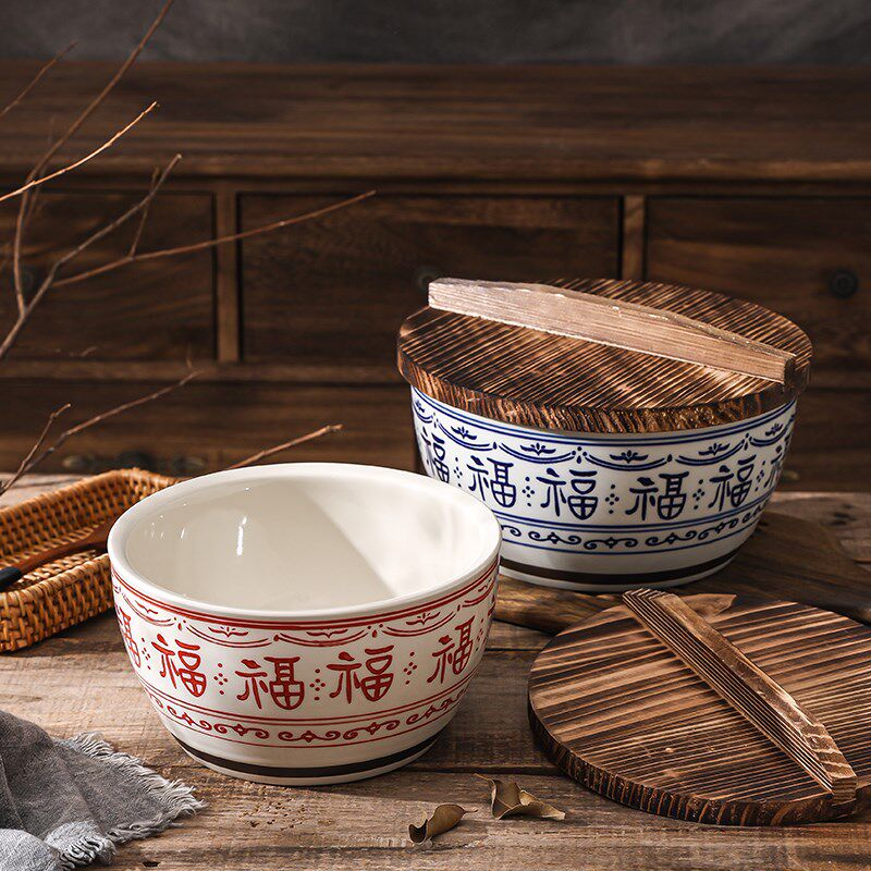 中式福字陶瓷钵钵鸡调料缸商用冷锅串串香汤盆鸡屯火锅装油钵带盖