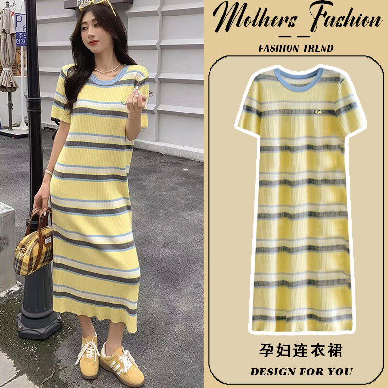 孕妇连衣裙夏季2025新款黄色显瘦休闲圆领条纹短袖针织裙中长款女