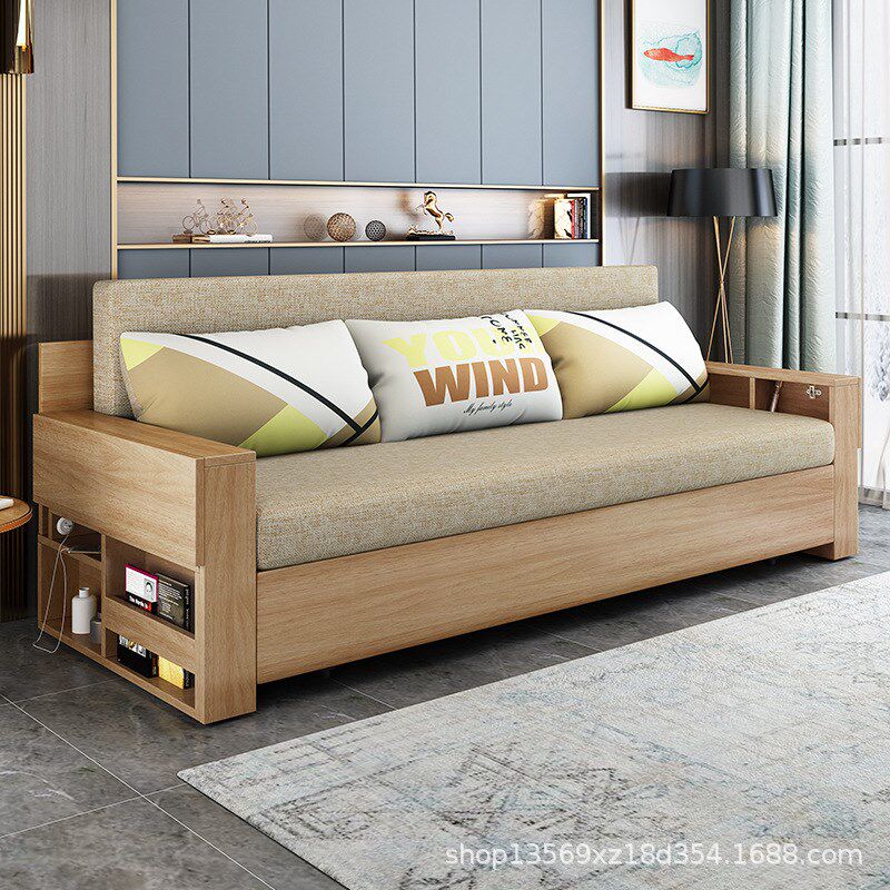 多功能实b木沙发床小户型客厅书房可折叠推拉两用带储物双人沙发