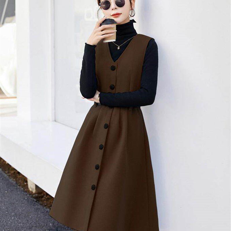 时尚2024年春秋冬单排扣V领显瘦毛呢小个子背心裙无袖连衣裙洋气