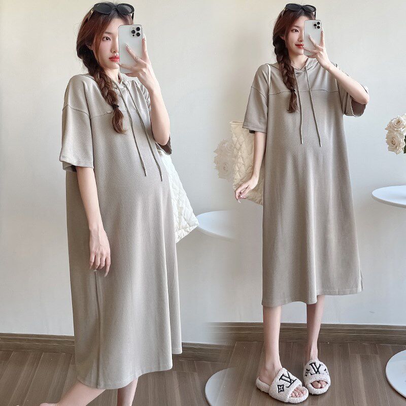 加大码孕妇装短袖连帽t恤裙夏季冰丝连衣裙胖mm显瘦遮肚长裙200斤