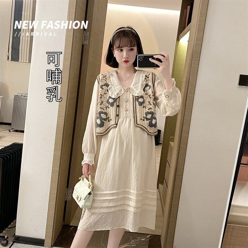 孕妇秋季套装时尚款针织马甲温柔风可哺乳中长款孕妇连衣裙两件套