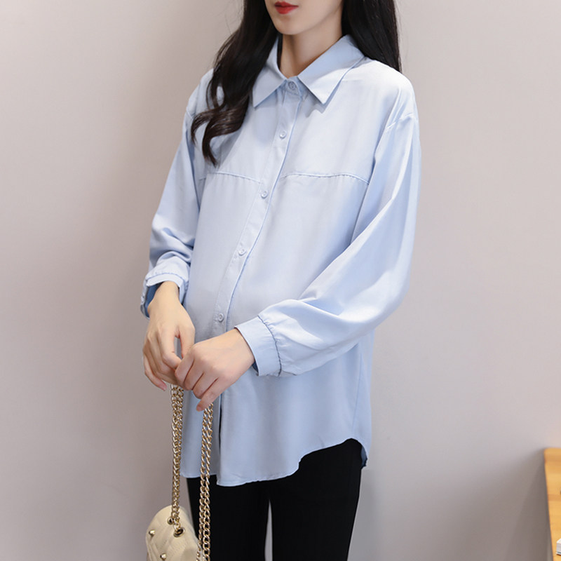 2023春装长袖雪纺上衣夏季韩版短袖薄款孕妇衬衫上班蓝色宽松衬衣