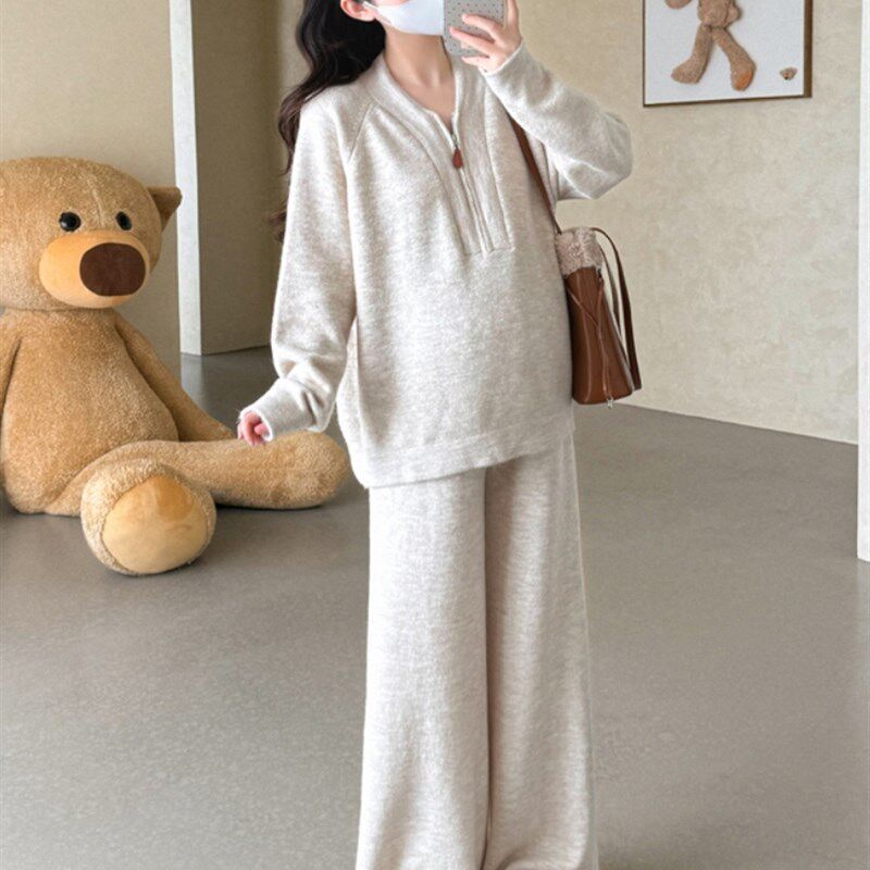 孕妇装秋装2025套装纯色长袖半拉炼上衣搭配无托腹阔腿长裤两件套