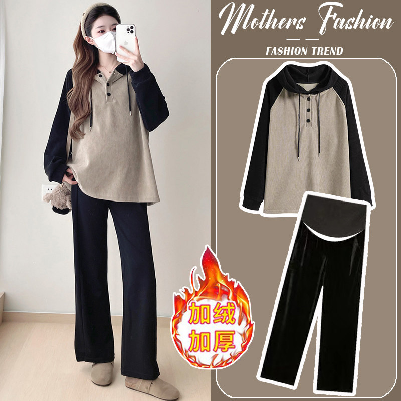 孕妇套装春秋冬加绒加厚百搭2024新款宽松上衣裤子休闲时髦两件套