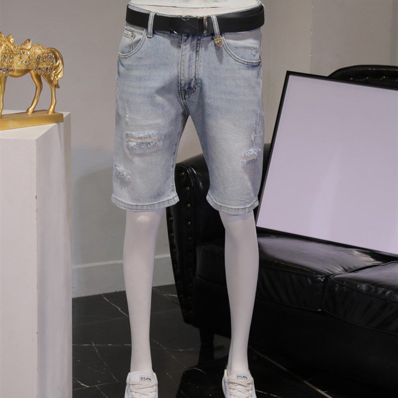 浅色牛仔短裤男士夏季薄款破洞直筒中裤2025新款弹力五分马裤男