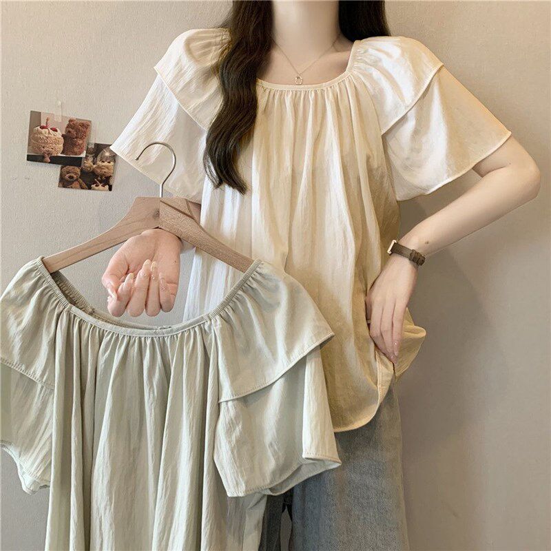 孕妇装2025简约方领短袖夏季衬衫清新文艺宽松显瘦遮肚小个子上衣