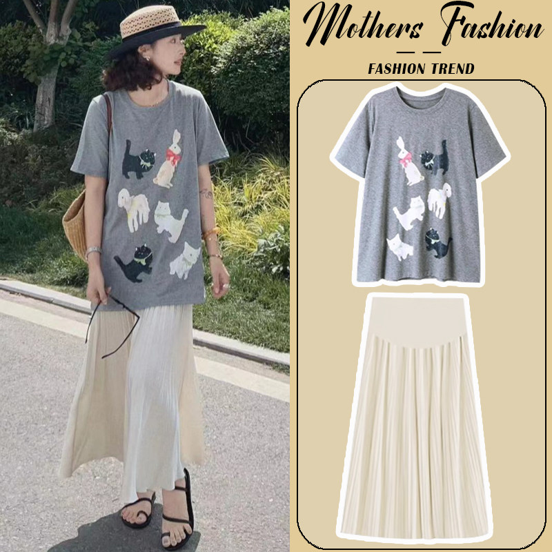 孕妇套装2025新款夏季时尚宽松休闲圆领短袖薄款上衣半身裙两件套