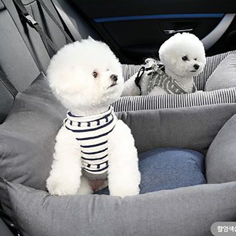 亚麻款灰色条纹藏蓝车载狗窝汽车韩版宠物垫居家旅行安全座椅