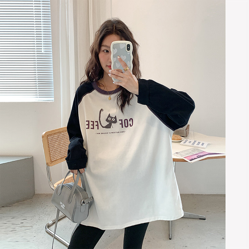 孕妇长袖T恤女中长款印花插肩袖拼色新款宽松春秋装过臀打底衫秋