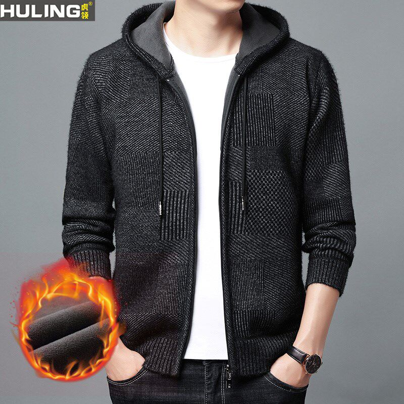 2022年男士连帽开衫春秋季中年男装加绒加厚外套外穿保暖针织衫潮