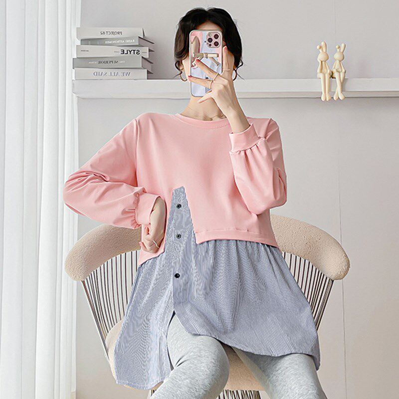 孕妇装春装假两件拼接条纹长袖上衣小个子孕妇裙春季韩版怀孕衬衫