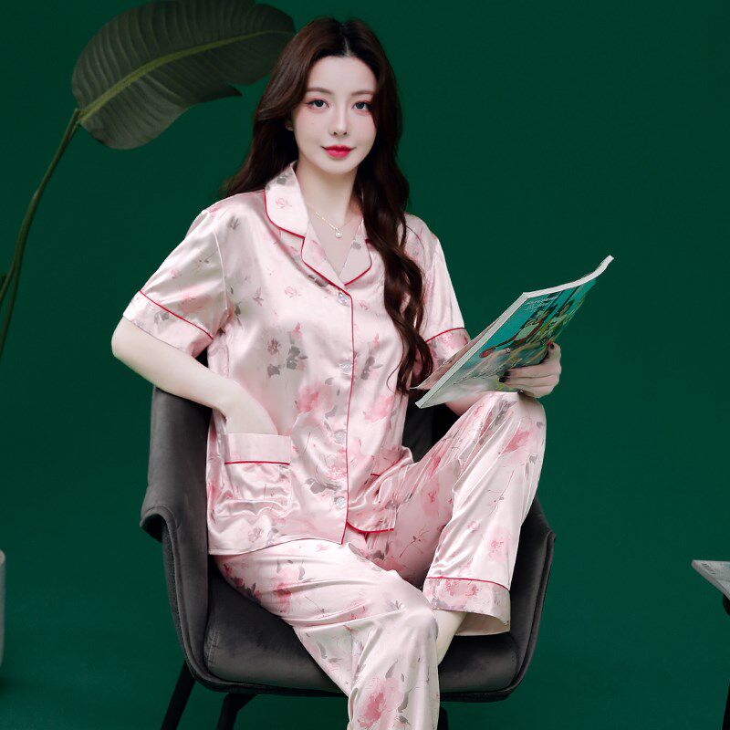 夏季女款睡衣套装短袖长裤薄款冰丝丝绸中年妈妈春夏天女士居家服