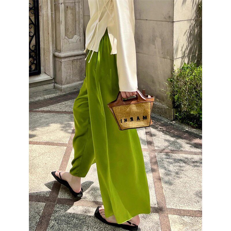 牛油果绿缎面阔腿裤女夏季薄款宽松显瘦小个子高腰直筒九分冰丝裤
