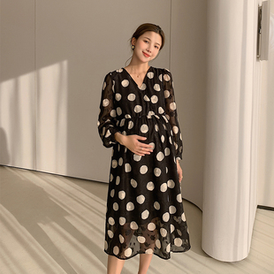 孕妇夏装雪纺连衣裙高级感春秋中长款2025夏季赫本风黑色波点裙子