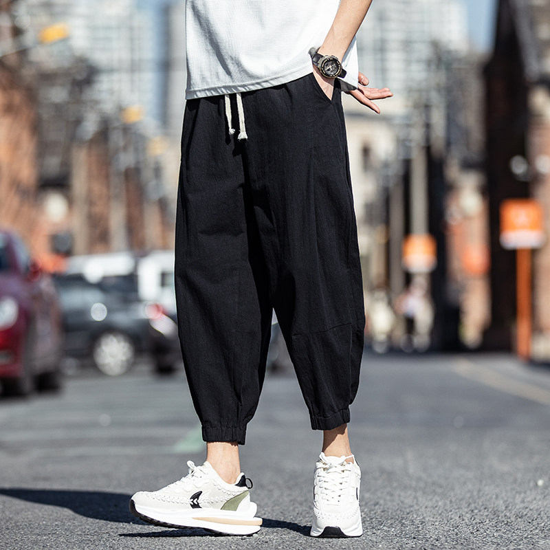 亚麻七分裤男夏季薄款束脚哈伦裤宽松阔腿萝卜裤棉麻八分休闲裤子