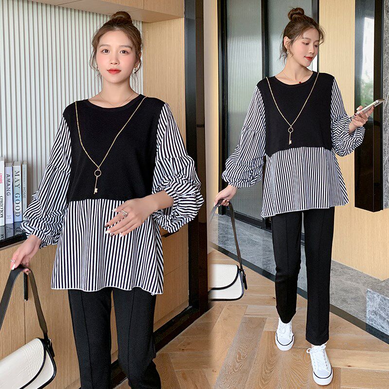 孕妇装春装2025新款时尚假两件长袖上衣宽松休闲T恤春季孕妇衬衫