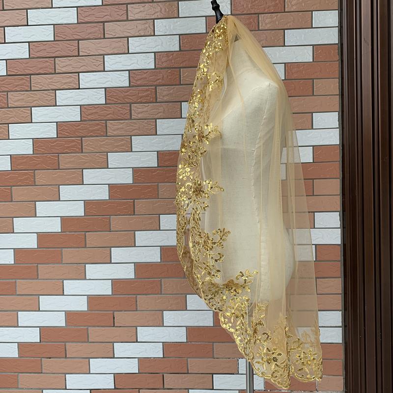金色亮片蕾丝头纱绿色带铁插梳子新娘头饰欧美短款彩色婚纱头纱