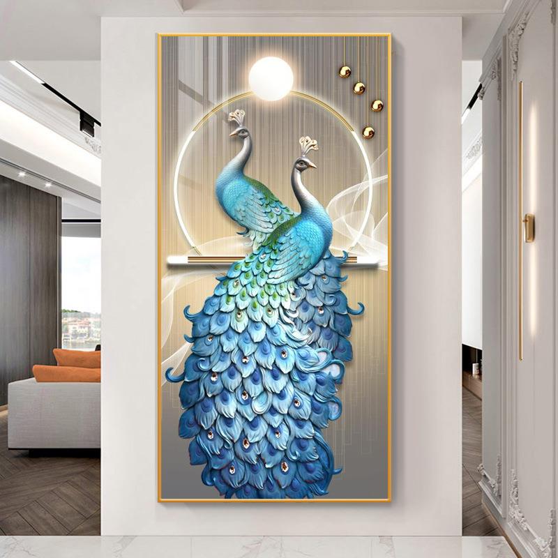 XEI3孔雀玄关装饰画走廊过道壁画正对门新中式挂画现代客厅晶瓷画图片