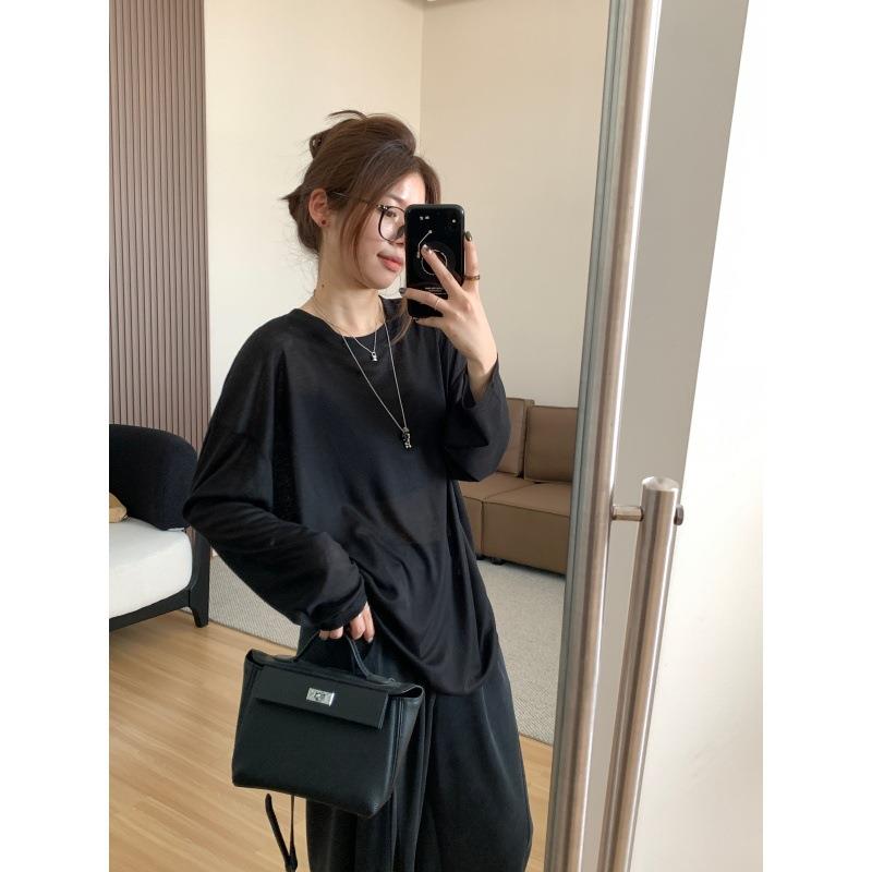 夏季凉爽面膜T柔软透气天丝长袖t恤女宽松显瘦冰凉套头防晒上衣