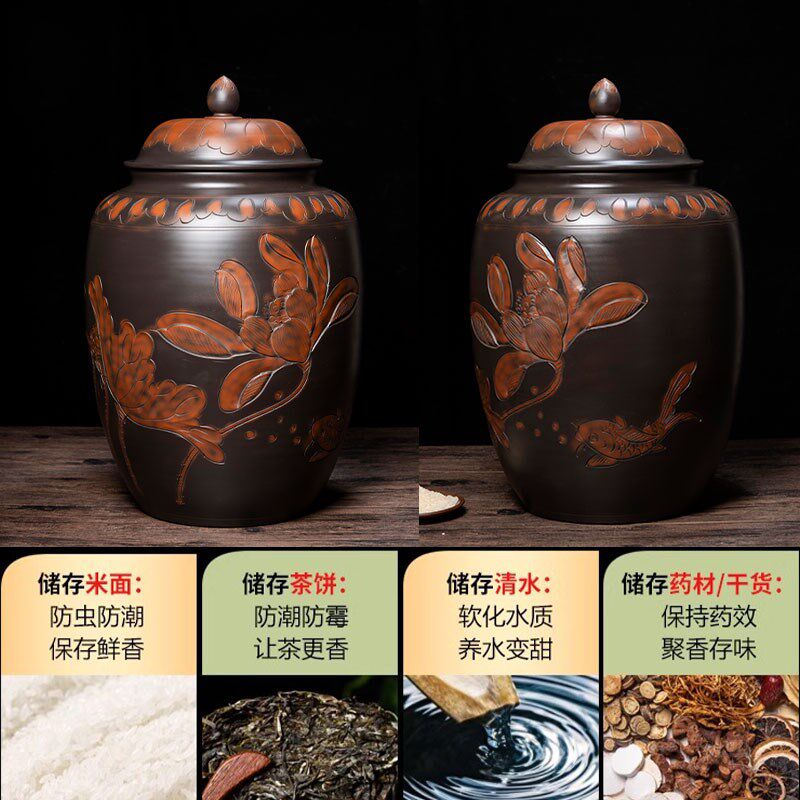 建水紫陶陶瓷米缸带盖q家用厨房存米面粮食储米罐防虫防潮密封米