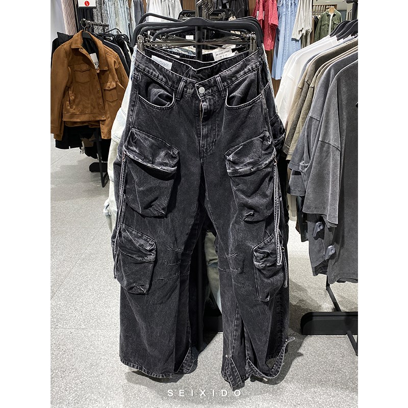 柜529!24新品男装宽松口袋饰阔腿牛仔裤喇叭裤工装裤5575471 800