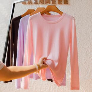 女士精纺100%纯山羊绒衫圆领春秋冬季针织打底衫高端薄款内搭毛衣