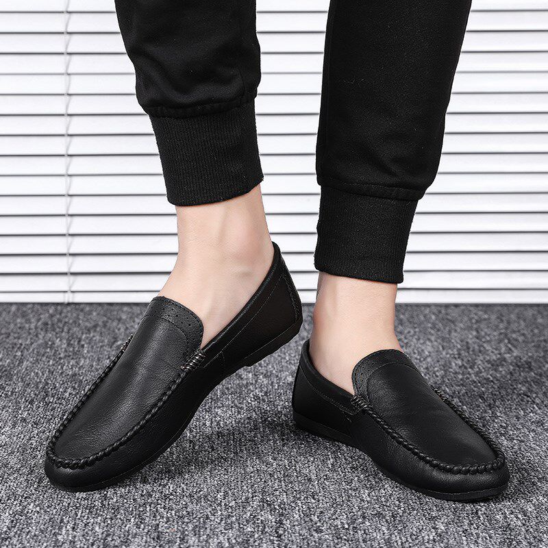 春季男士皮鞋豆豆鞋懒人百搭休闲鞋上班黑色O痘痘软底无鞋带男鞋